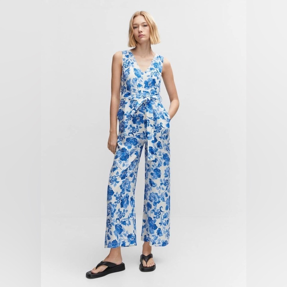 Mango Floral-Print Jumpsuit With Tie Blue and White Print Size Extra Small